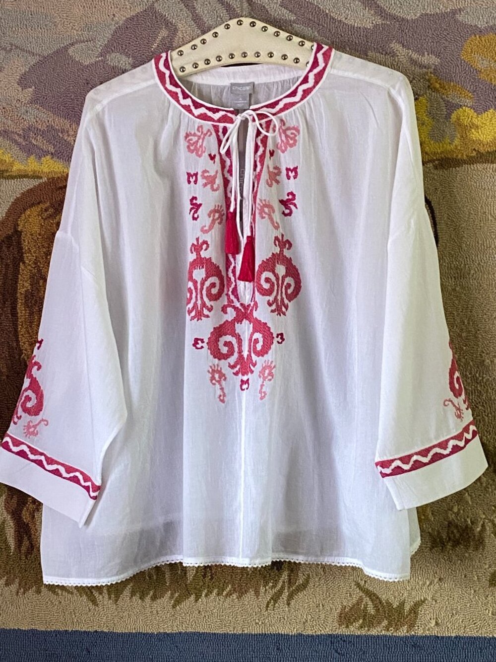 NWT Chico's Sz 4 (2XL) Peasant Blouse 3/4 Sleeve White Pink Embroidery Tassels